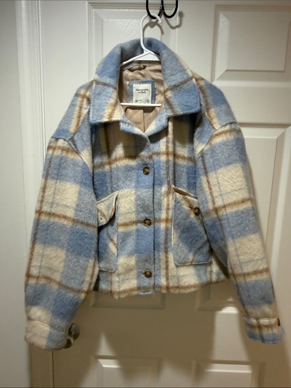 Abercrombie & Fitch Blue and Cream Plaid Teddy Jacket - Shacket XL